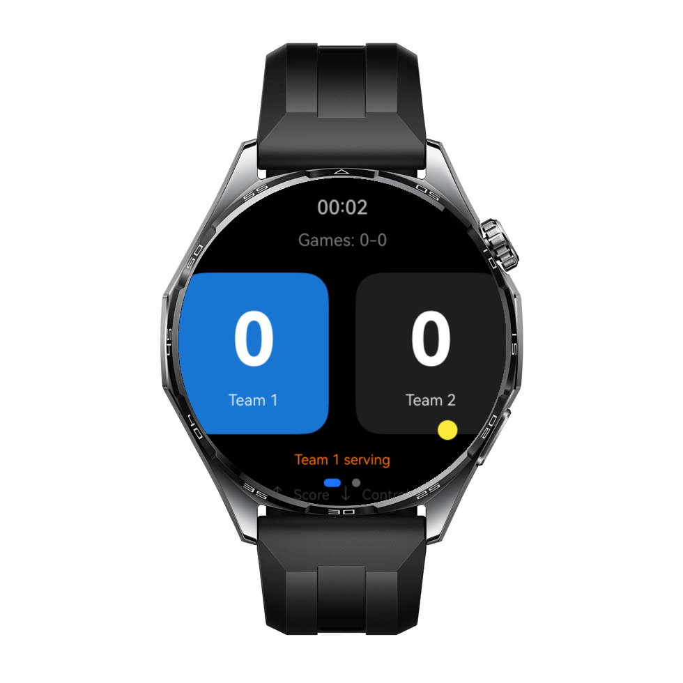 PadelScore live scoring screen on smartwatch